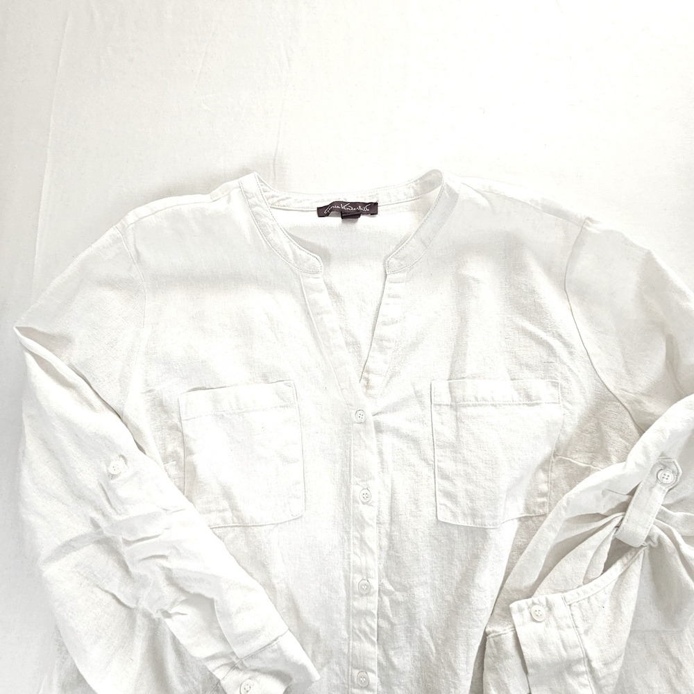 Gloria Vanderbilt White Linen Blend Roll Tab Button Down Shirt Plus Size 3X